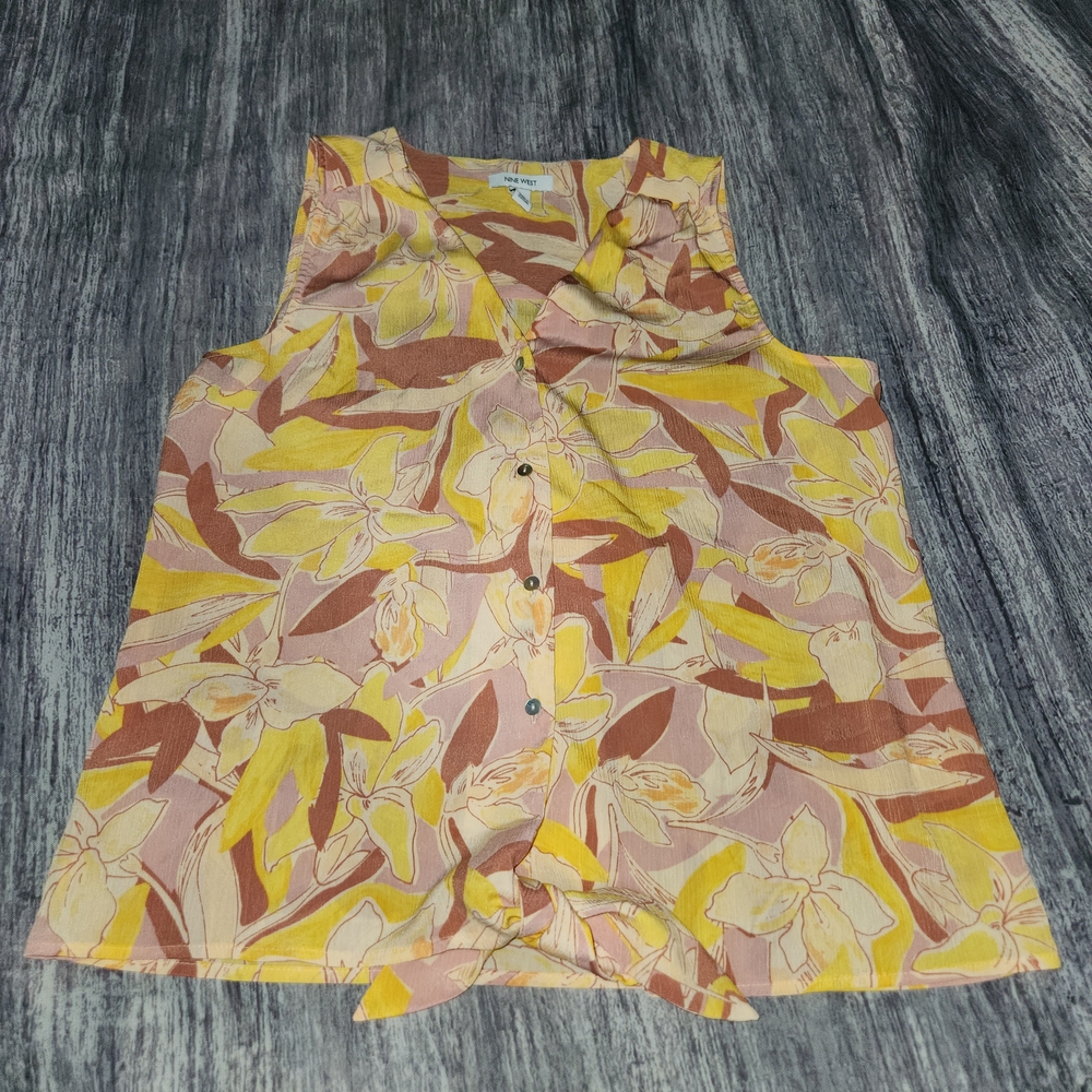 *5 for $25* Nine West Yellow Brown Floral Sleeveless Tie Front Tank Blouse Small